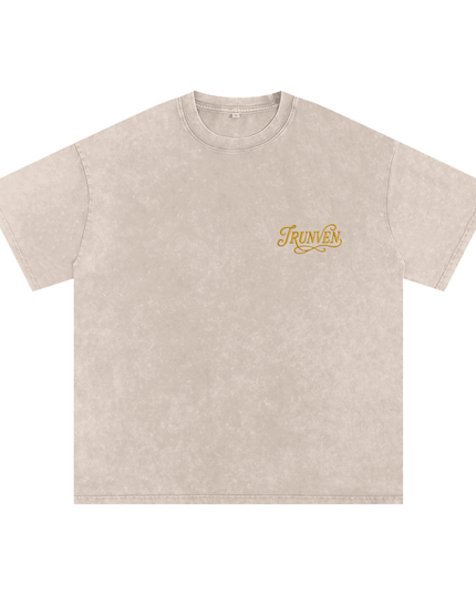 IRUNVEN Snow Washed Oversized Cotton T-Shirt | Gold Embroidered Logo Tee