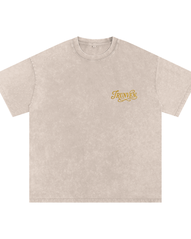 IRUNVEN Snow Washed Oversized Cotton T-Shirt | Gold Embroidered Logo Tee