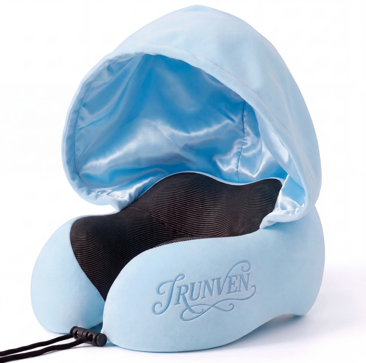 Satin-Lined Hooded Neck Pillow for Travel, Memory Foam Support Pillow for Short Hair, Blackout Hood for Airplane Sleep, Adjustable Lightweight Travel Pillow