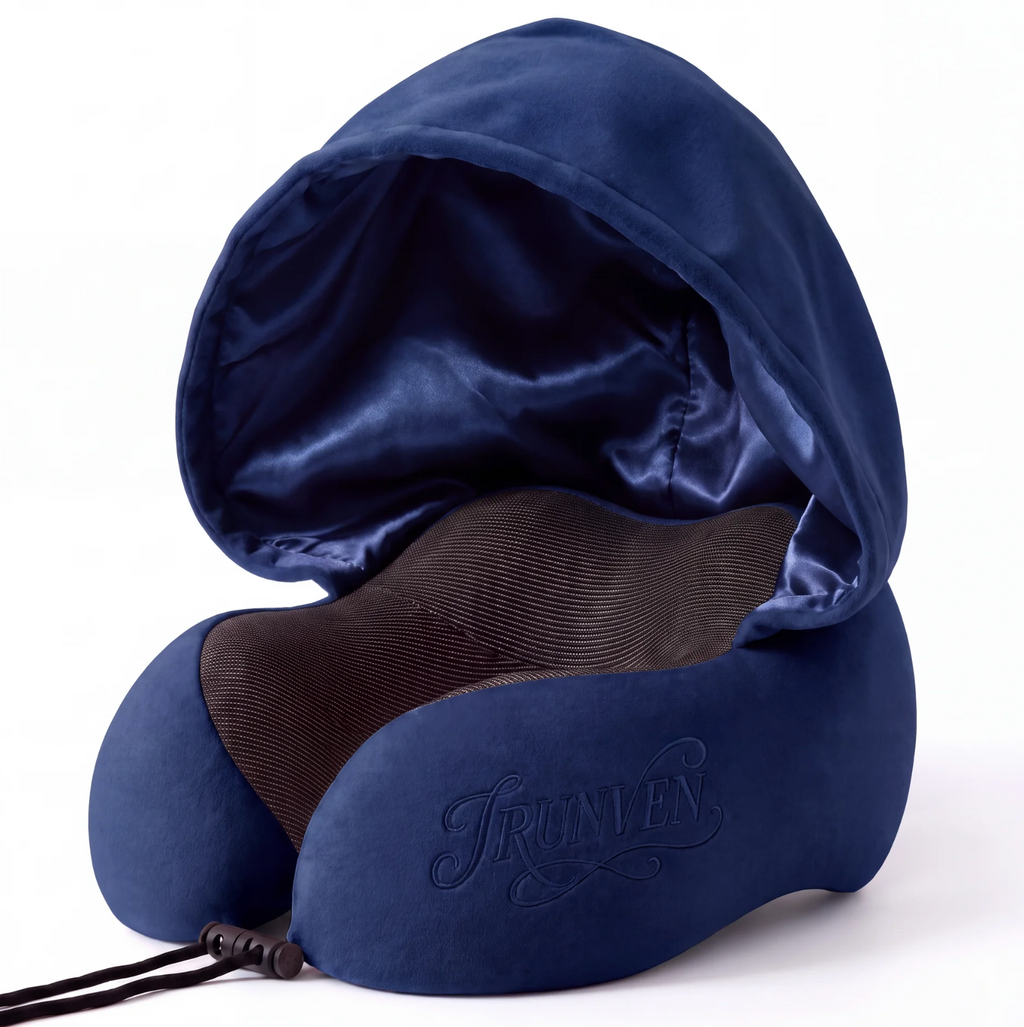 Satin-Lined Hooded Neck Pillow for Travel, Memory Foam Support Pillow for Short Hair, Blackout Hood for Airplane Sleep, Adjustable Lightweight Travel Pillow