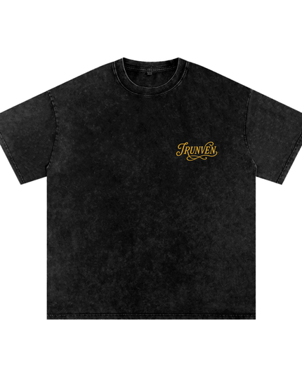 IRUNVEN Snow Washed Oversized Cotton T-Shirt | Gold Embroidered Logo Tee