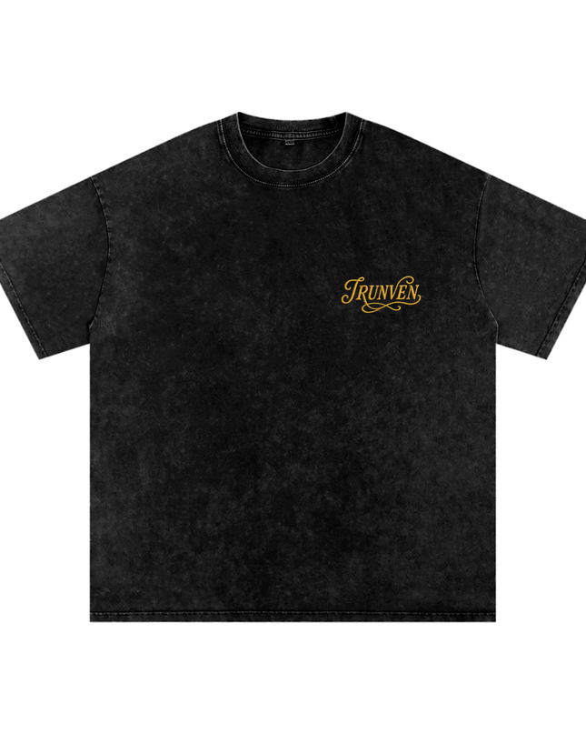 IRUNVEN Snow Washed Oversized Cotton T-Shirt | Gold Embroidered Logo Tee