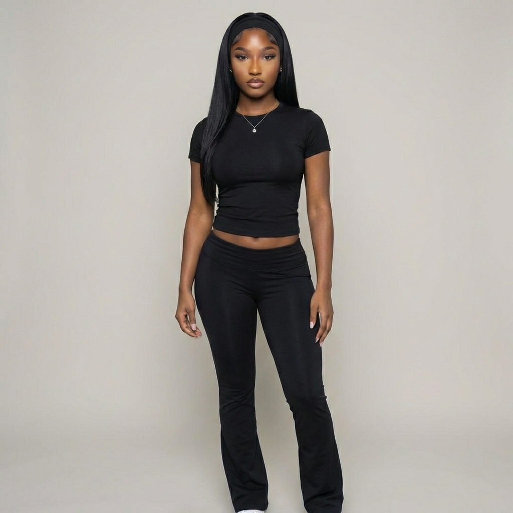 Women's cotton lounge set in navy blue – short sleeve top and flare leggings by IRUNVEN