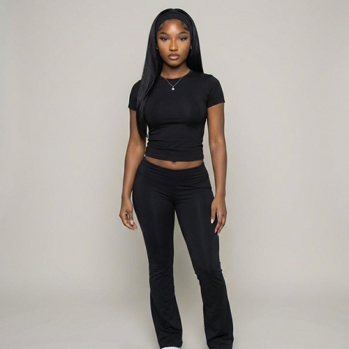 Women's cotton lounge set in navy blue – short sleeve top and flare leggings by IRUNVEN