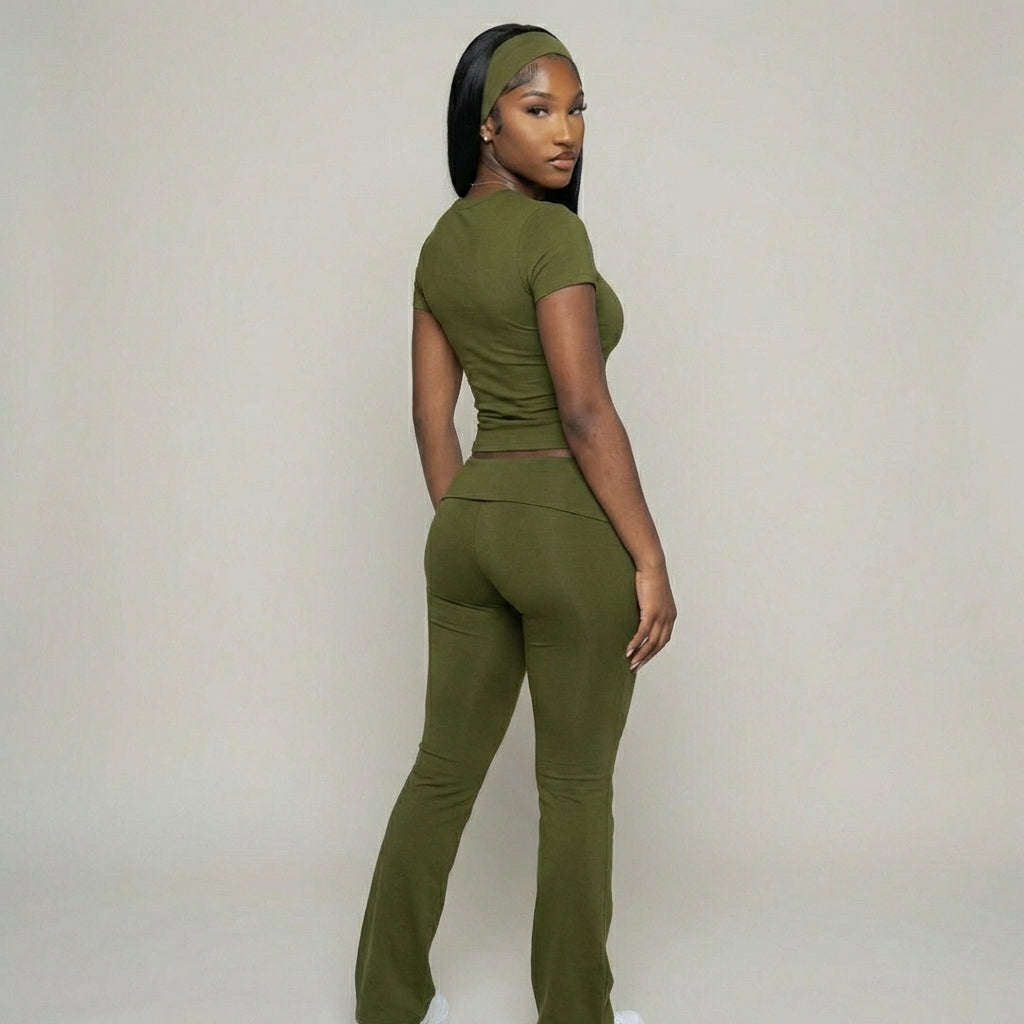 IRUNVEN short sleeve flare legging set in olive green – comfortable two-piece outfit