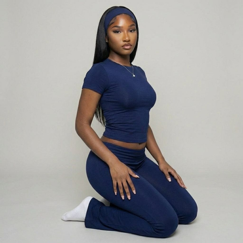 Women's casual two-piece set by IRUNVEN – flare leggings and relaxed short sleeve top