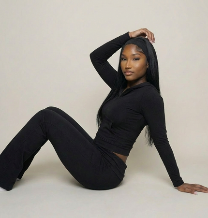 Cotton Blend Two-Piece Lounge Set – Zip Jacket & Flare Leggings with Headband