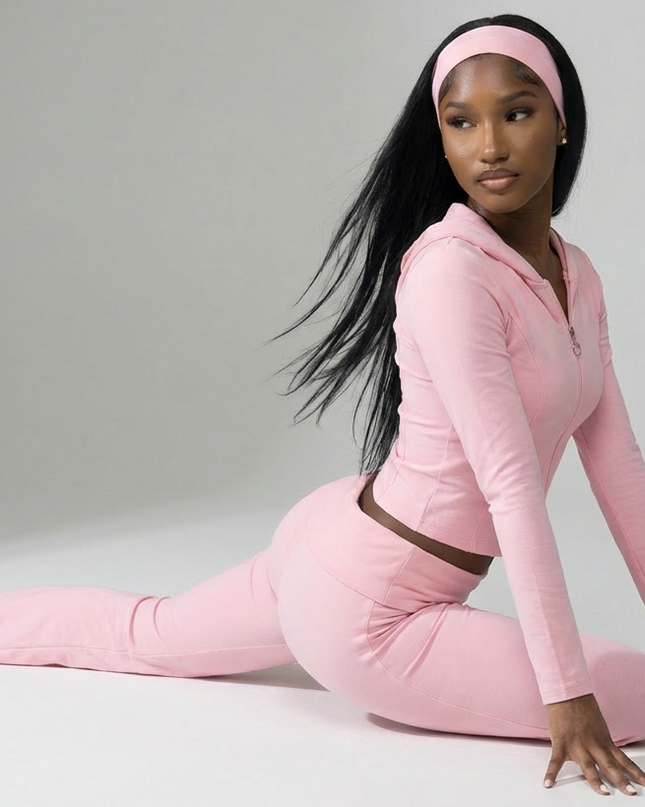 Cotton Blend Two-Piece Lounge Set – Zip Jacket & Flare Leggings with Headband