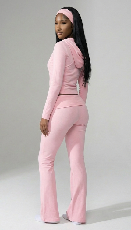 Cotton Blend Two-Piece Lounge Set – Zip Jacket & Flare Leggings with Headband