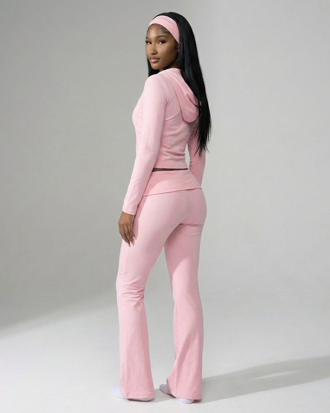 Cotton Blend Two-Piece Lounge Set – Zip Jacket & Flare Leggings with Headband