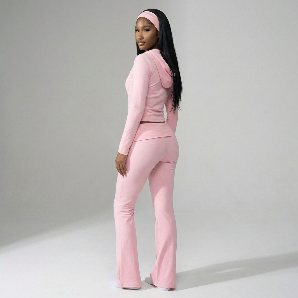Women's zip jacket flare legging lounge set in pink – IRUNVEN cotton blend