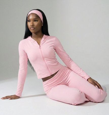 Cotton Blend Two-Piece Lounge Set – Zip Jacket & Flare Leggings with Headband