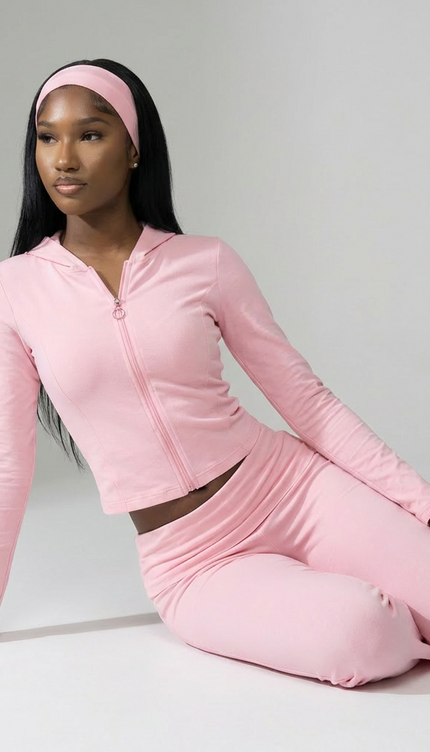 Cotton Blend Two-Piece Lounge Set – Zip Jacket & Flare Leggings with Headband