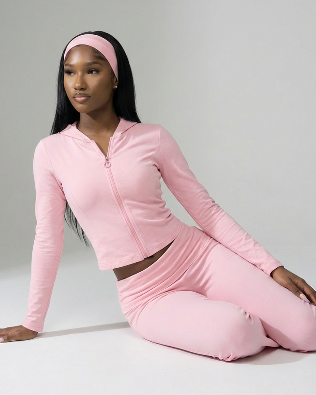 Cotton Blend Two-Piece Lounge Set – Zip Jacket & Flare Leggings with Headband