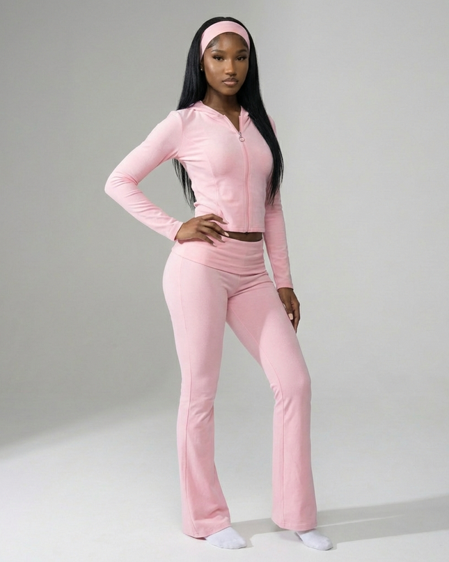 Cotton Blend Two-Piece Lounge Set – Zip Jacket & Flare Leggings with Headband