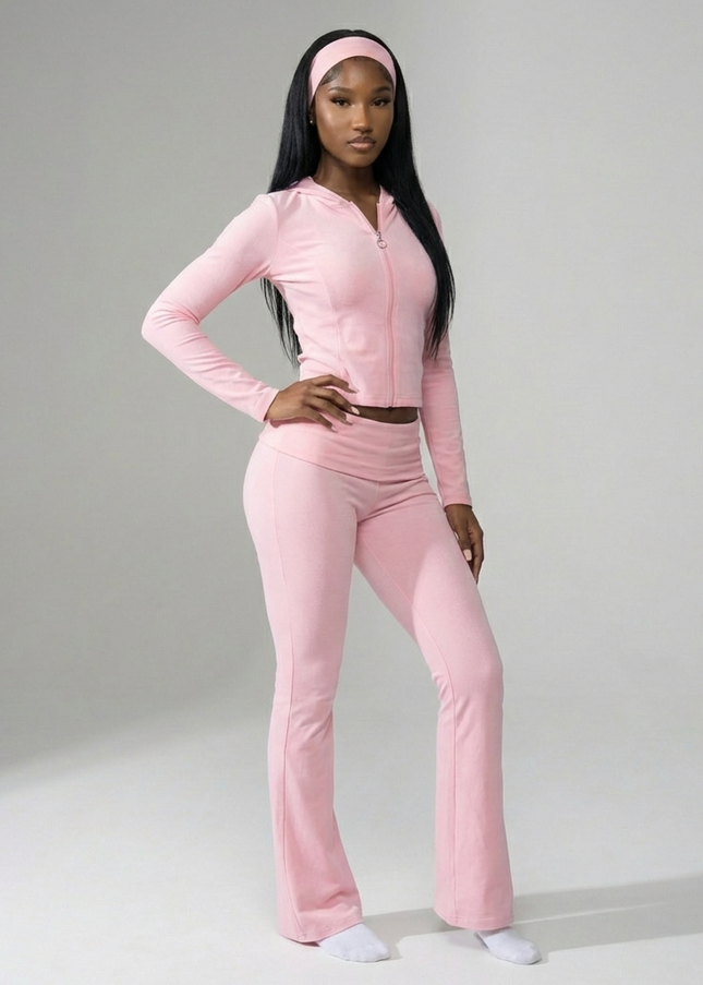 Cotton Blend Two-Piece Lounge Set – Zip Jacket & Flare Leggings with Headband