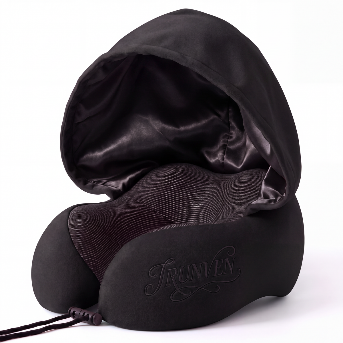 Satin-Lined Hooded Neck Pillow for Travel, Memory Foam Support Pillow for Short Hair, Blackout Hood for Airplane Sleep, Adjustable Lightweight Travel Pillow